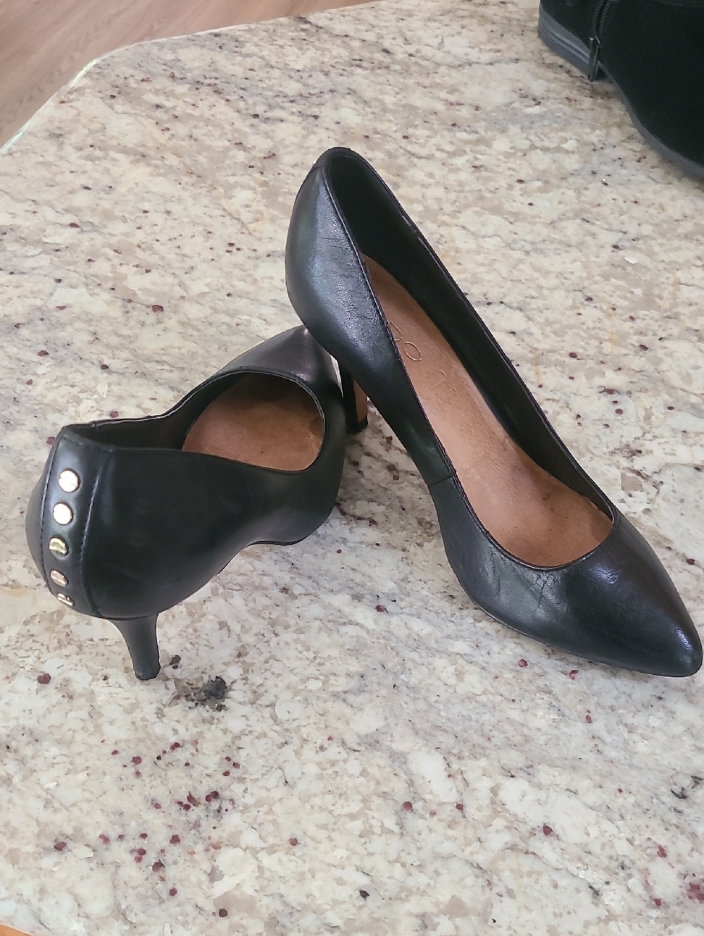 Aldo Black Pointed-Toe Mid Heel Pumps with Gold Stud Detail